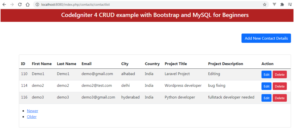 CodeIgniter 4 CRUD example with Bootstrap and MySQL for Beginners